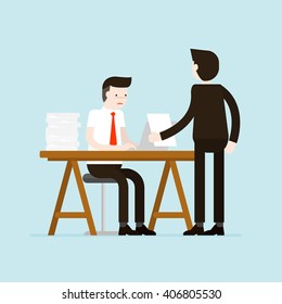 Illustration of boss has a new assignment to businessmen who have a lot of work. Vector illustration flat style.