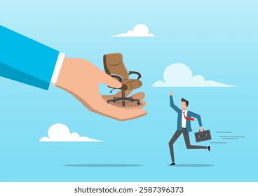 An illustration of a boss helping hand give management chair to a happy, ambitious office businessman worker. Career advancement, job promotion or executive opportunity in company concept