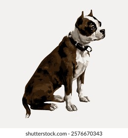 Illustration of a Boston Terrier dog sitting. The Boston Terrier, a small dog, is known for its distinctive markings. This Boston Terrier is alert and attentive. Isolated vector element.