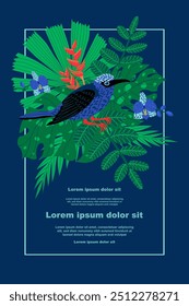 Illustration of the botanical background features a frame with a bird, various tropical leaves and flowers, and a text placeholder. Ideal for social media posts, mobile apps, banner design, and web. 