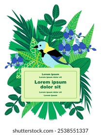 La ilustración del fondo botánico presenta un marco con un pájaro tánger, varias hojas y flores tropicales y un marcador de posición de texto. Ideal para invitaciones y tarjetas de felicitación. Dibujado a mano