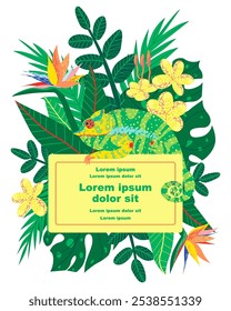 La ilustración del fondo botánico presenta un marco con un camaleón, varias hojas y flores tropicales y un marcador de posición de texto. Ideal para invitaciones y tarjetas de felicitación. Vector dibujado a mano