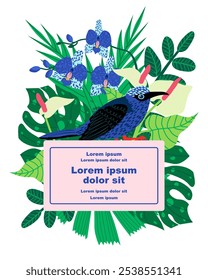 La ilustración del fondo botánico presenta un marco con una enredadera de miel, varias hojas y flores tropicales y un marcador de posición de texto. Ideal para invitaciones y tarjetas de felicitación. Dibujado a mano