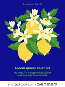 Ilustración de un fondo botánico con frutas de limón, hojas y flores, con un espacio para texto. Perfecto para invitaciones, tarjetas, Anuncios, folletos, carteles, cubiertas y otros diseños.