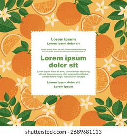 Ilustración de un fondo botánico con frutas, hojas y flores de color naranja, con un espacio de copia. Perfecto para invitaciones, tarjetas, Anuncios, folletos, carteles, cubiertas, etiquetas y otros diseños.