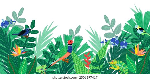 Illustration of a botanical background featuring tropical animals and various tropical leaves and flowers on a white. Ideal for social media posts, mobile apps, banner design, and web. Hand-drawn