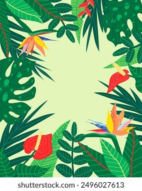 Illustration of a botanical background featuring various tropical leaves and flowers, with a text placeholder. Ideal for social media posts, mobile apps, banner design, and ads. Hand-drawn vector