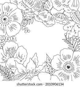 Illustration of botanical frame of many flowers and leaves