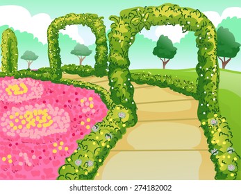 Illustration of a Botanical Garden with a Path Lined with Flowers and Hedges