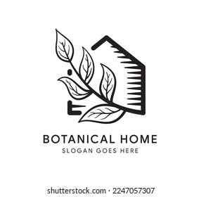 illustration of botanical home garden design template. white black style logo in vintage or retro. isolated on horizontal layout background.