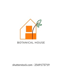 ILLUSTRATION BOTANICAL HOUSE, LEAF NATURE. ECO ELEMENT LOGO ICON ORANGE GREEN COLOR DESIGN VECTOR FOR YOUR BRAND, BUSINESS