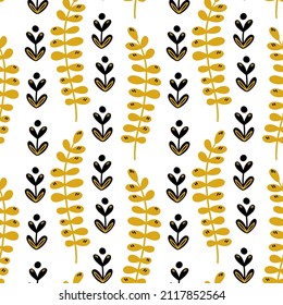 Illustration of a botanical seamless pattern. Flowers, leaves, branches. Folk art style. Objects isolated on white background. Universal use.