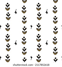 Illustration of a botanical seamless pattern. Flowers, leaves, branches. Folk art style. Objects isolated on white background. Universal use.