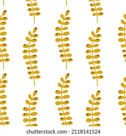 Illustration of a botanical seamless pattern. Flowers, leaves, branches. Folk art style. Objects isolated on white background. Universal use.