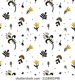 Ilustración de un patrón botánico sin soldadura. Flores, hojas, ramas. Estilo de arte folclórico. Objetos aislados en fondo blanco. Uso universal.