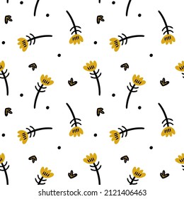 Illustration of a botanical seamless pattern. Flowers, leaves, branches. Folk art style. Objects isolated on white background. Universal use.