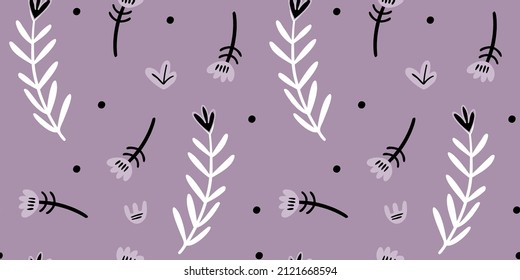 Illustration of a botanical seamless pattern. Flowers, leaves, branches. Folk art style. Objects isolated on color background. Universal use.
