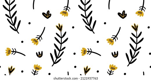 Illustration eines nahtlosen botanischen Musters. Blumen, Blätter, Äste. Volkskunst-Stil. Objekte einzeln auf weißem Hintergrund. Allgemeine Anwendung.
