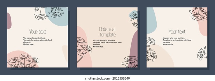 Illustration botanical set of square templates for postcards, cards, text placement, flyer. Minimalistic modern style. Black contour and colored geometric shapes on a beige background.