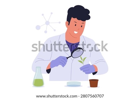 Illustration of Botanist Inspecting Plant Sprout with Magnifier. A male botanist wearing gloves and using a magnifying glass to check a small green plant sprout for genetic research