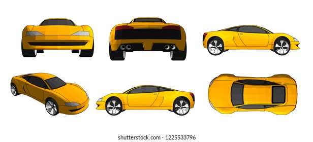 Illustration, both old and new sports cars, Vector 3D with white background.