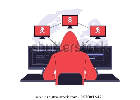 Illustration of Botnet Cyber Attack. Hacker Controlling a Network of Infected Computers, Launching a Coordinated Cyber Attack and Highlighting Cybersecurity Threats. Vector Flat Illustration