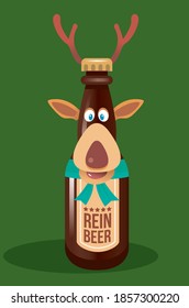 An illustration of a bottle of beer in the shape of a Christmas reindeer with the title Reinbeer!