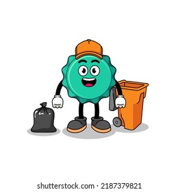 Illustration of bottle cap cartoon as a garbage collector , character design
