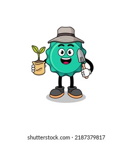 Illustration of bottle cap cartoon holding a plant seed , character design