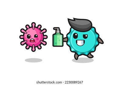 illustration of bottle cap character chasing evil virus with hand sanitizer , cute style design for t shirt, sticker, logo element