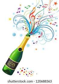 Illustration with a bottle of champagne and a decorative abstract composition.