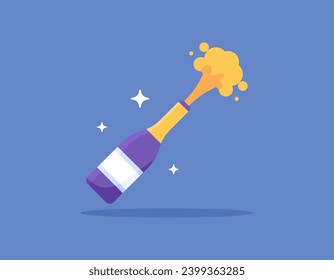 illustration of a bottle of champagne spouting water. squirt water. alcoholic beverages, wine, vodka, Tequila. explosion. flat or cartoon illustration design. graphic elements. vector