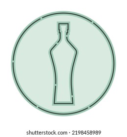 Illustration of bottle of gin in flat style in form of thin lines. In the form of background is circle of color drinks. Isolated object design beverage. Simple icon for restaurant, pub, party. Vector
