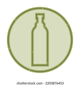 Illustration of bottle of gin in flat style in form of thin lines. In the form of background is circle of color drinks. Isolated object design beverage. Simple icon for restaurant, pub, party. Vector.