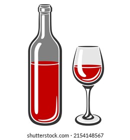 Illustration of bottle and glass with red wine. Image for restaurants and bars.