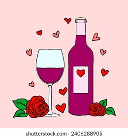 illustration of a bottle with glass and roses, illustration for Valentine's Day, flat design style