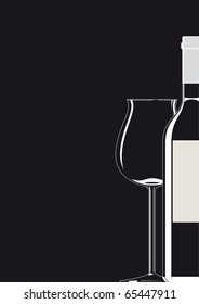 Illustration of a bottle and a glass with white outlines and black background