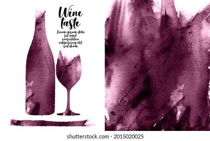 Illustration of bottle and glass of wine with watercolor brush. Background texture and color of red wine. Artistic wine drawing. Vector