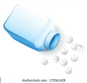 Illustration of a bottle with medical tablets on a white background svg