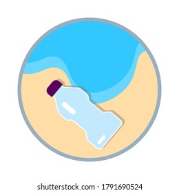 Illustration of a bottle on the beach next to the water.