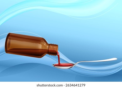 illustration of bottle pouring medicine syrup in spoon Healthcare and Medical Concept