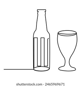 Ilustración de una botella, vaso de vino tinto, una botella de cerveza y un vaso, dibujando una línea continua de vaso de cerveza, dibujo de botella de cerveza de acuarela