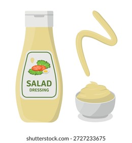 Ilustración de una botella de aderezo para ensaladas acompañada de la salsa servida en un tazón y una garabata. ideal para temas de comida y comida rápida. Diseño plano, Vector.