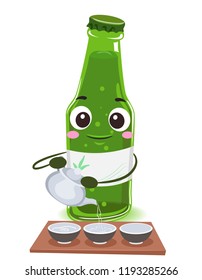 Illustration of a Bottle of Soju Mascot Holding a Kettle Pouring Drinks on Tiny Bowls