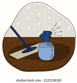 illustration of a bottle of water with a brush, Wet cleaning, room cleaning, mop for cleaning, bottle with diffuser, floor cleaning,wet cleaning for viral colds