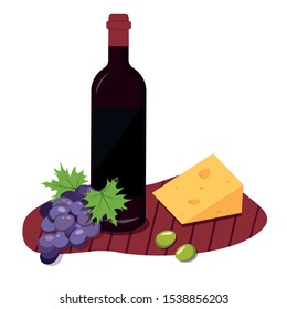 Illustration bottle of wine, cheese, olives, grapes. Vector graphics