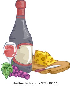 Illustration of a Bottle of Wine with a Chunk of Cheese Beside It