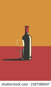 Illustration of a bottle of wine and a glass of wine in retro style.