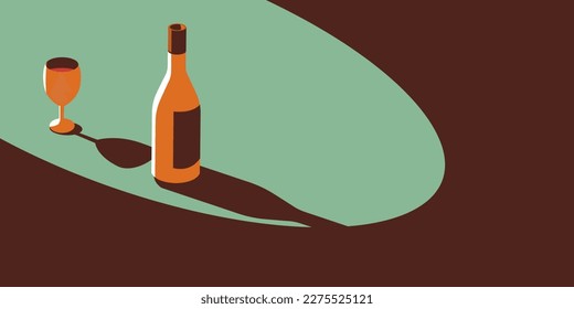 Ilustración de una botella de vino y una copa de vino de estilo retro.