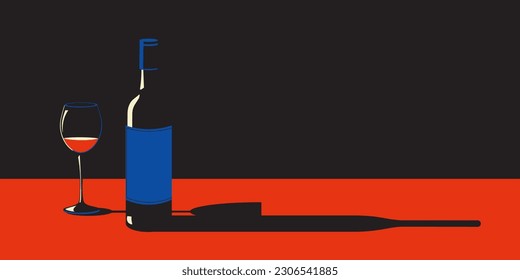 Illustration of a bottle of wine and a glass of wine in retro style.